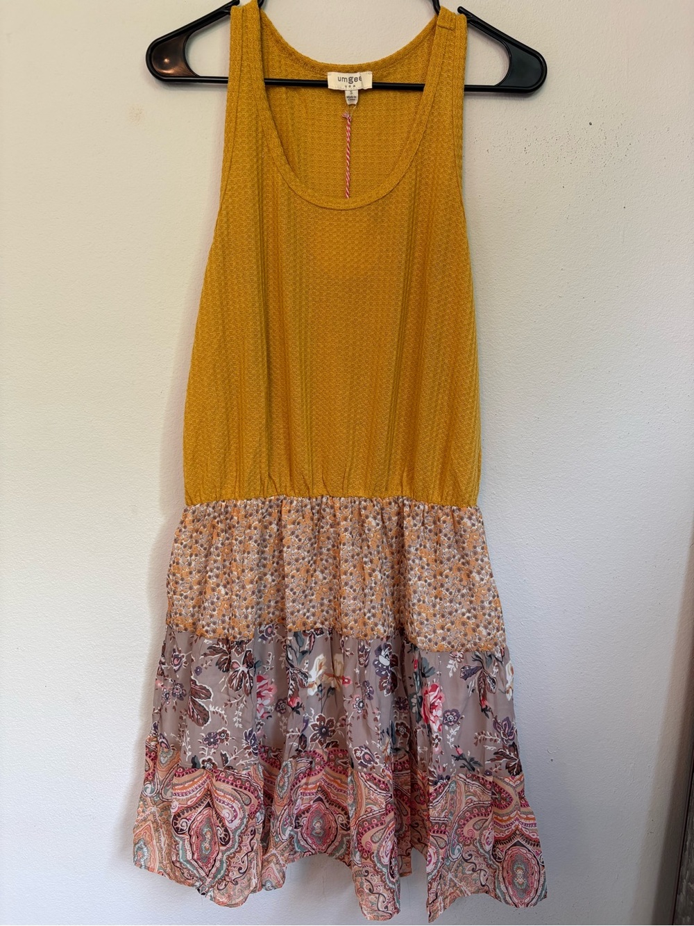 Umgee Boho Patchwork Tiered Tank Dress Mustard Yellow Floral Paisley NWT Small
